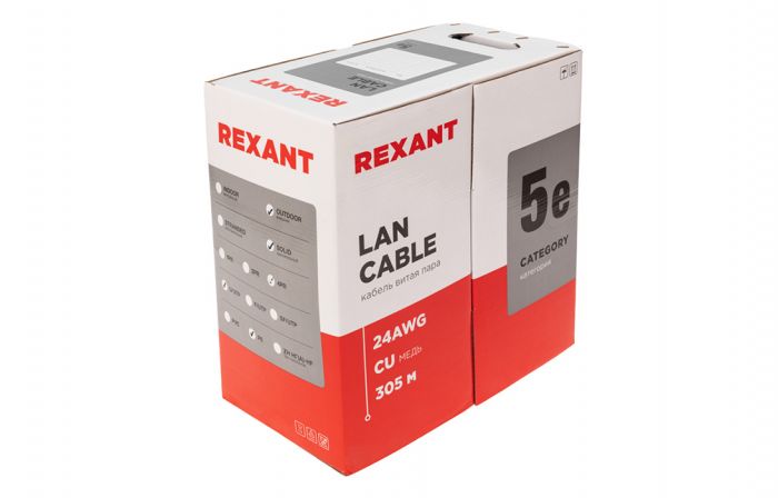 01-0045 Кабель витая пара U/UTP, CAT 5e, PE, 4PR, 24AWG, OUTDOOR, SOLID, черный, 305м, REXANT