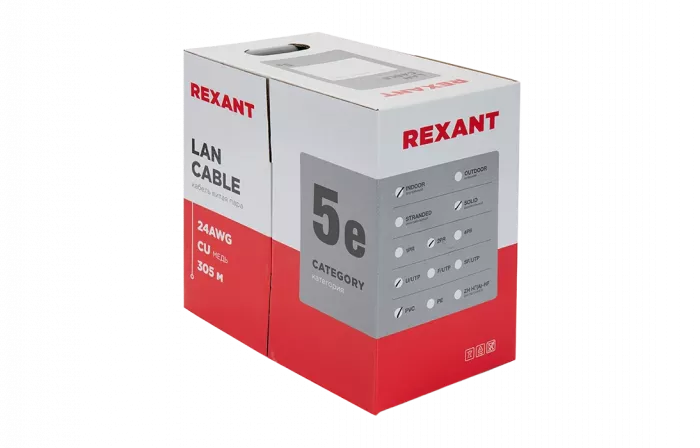 01-0023 REXANT Кабель витая пара UTP 2PR 24AWG, CAT5e, бухта 305 м, серый