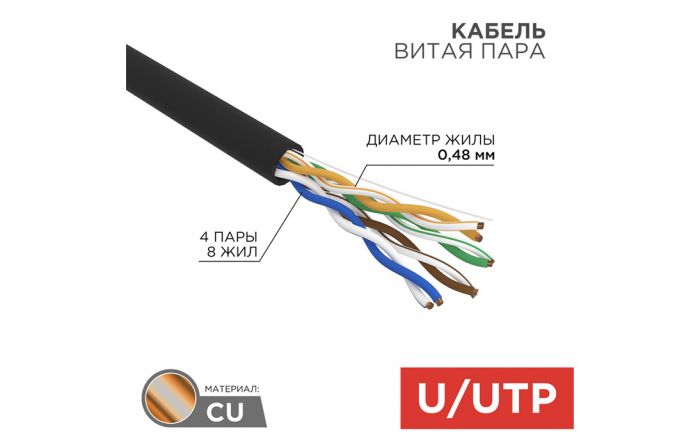 01-0045 Кабель витая пара U/UTP, CAT 5e, PE, 4PR, 24AWG, OUTDOOR, SOLID, черный, 305м, REXANT