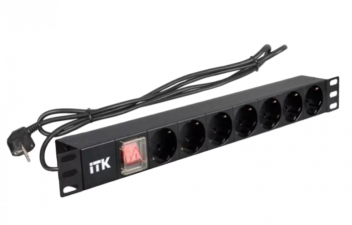 PH12-7D1-P ITK PDU 7 роз. нем.ст. с выкл 1U каб.2м вилка нем.ст ПВХ чер
