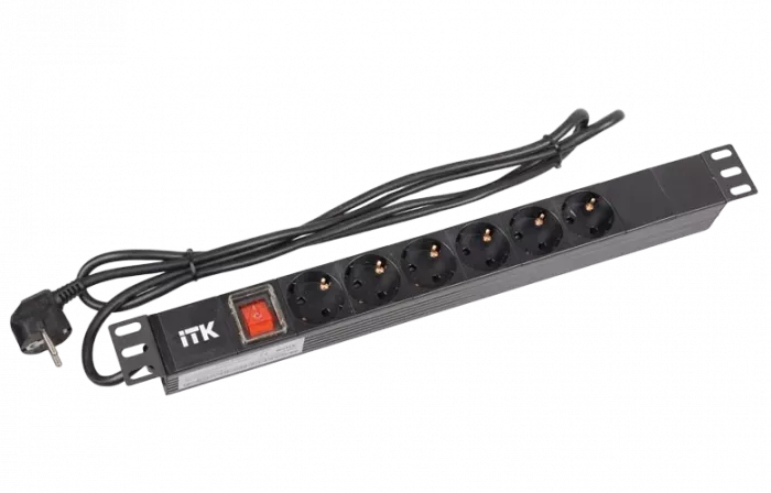 PH12-6D1-P ITK PDU 6 роз. нем.ст. с выкл 1U каб. 2м вилка нем.ст ПВХ чер