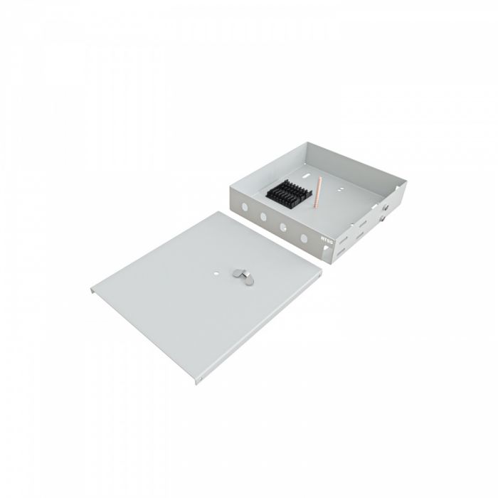 Кросс NTSS оптический настенный Микро, укомплектованный, 4 порта ST/UPC, 9/125 мкм (сплошная панель, ложемент, пигтейлы, КДЗС, адаптеры) серый RAL 7035