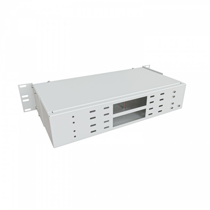 Кросс NTSS оптический 19'' укомплектованный 2U, 32 порта LC/APC duplex, 9/125 мкм (планки, сплайс-кассета 2шт, пигтейлы, КДЗС, адаптеры) серый RAL 7035