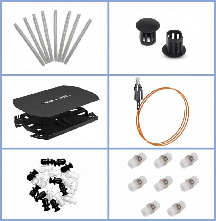 Кросс NTSS оптический настенный, укомплектованный, 64 порта FC/UPC, 62.5/125 мкм (планки, сплайс-кассета 2шт, пигтейлы, КДЗС, адаптеры) серый RAL 7035