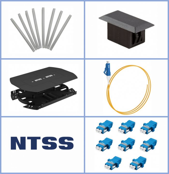 Кросс NTSS оптический 19'' укомплектованный 2U, 64 порта LC/UPC duplex, 9/125 мкм (сплошная панель, сплайс-кассета 4шт, пигтейлы, КДЗС, адаптеры) серый RAL 7035