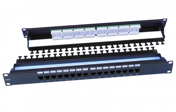 246105 Hyperline PP3-19-16-8P8C-C6-110D Патч-панель 19", 1U, 16 портов RJ-45, категория 6, Dual IDC, ROHS, цвет черный (задний кабельный организатор в