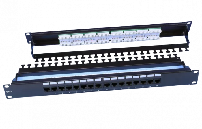 246105 Hyperline PP3-19-16-8P8C-C6-110D Патч-панель 19", 1U, 16 портов RJ-45, категория 6, Dual IDC, ROHS, цвет черный (задний кабельный организатор в