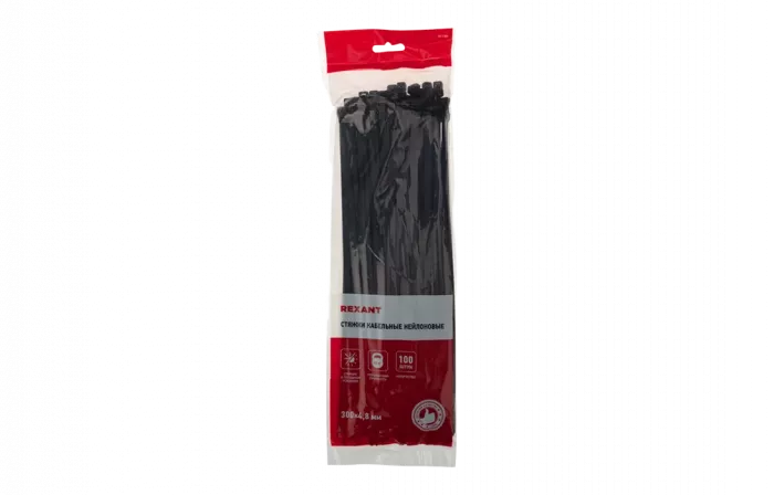 07-1303 Хомут-стяжка кабельная нейлоновая REXANT 300 x4,8 мм, черная, упаковка 100 шт.