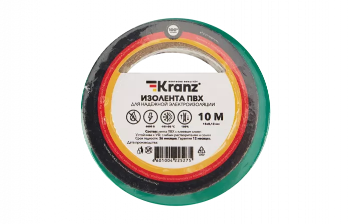 KR-09-2003 Изолента ПВХ KRANZ 15 мм х 10 м, зеленая, упаковка 10 роликов
