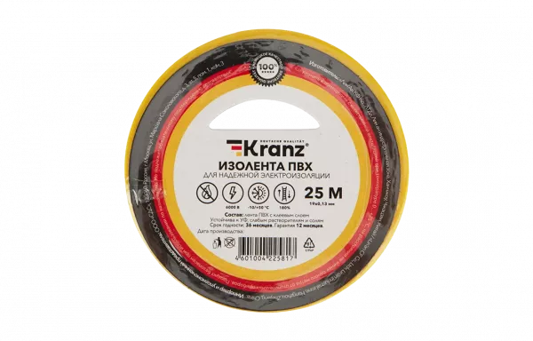 KR-09-2202 Изолента ПВХ KRANZ 19 мм х 25 м, желтая, упаковка 5 роликов