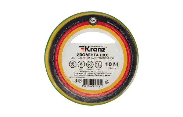 KR-09-2007 Изолента ПВХ KRANZ 0.13х15 мм, 10 м, желто-зеленая упаковка 10 роликов