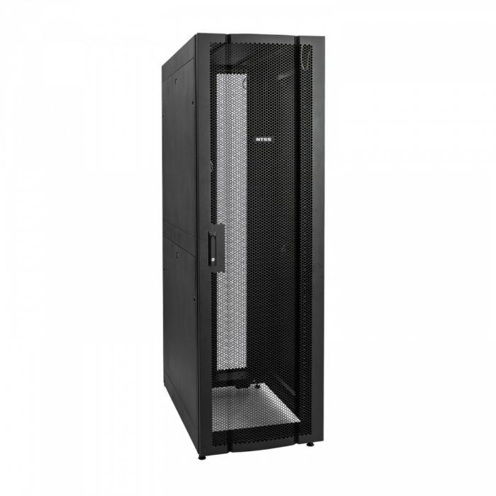 Шкаф напольный серверный NTSS ПРОЦОД DS 48U 750х1200мм, двойные боковые стенки, панель потолка с щеточными вводами, двери перфорированная и перфорированная двухстворчатая, без панели пола, регулируемые опоры, ролики, черный RAL 9005