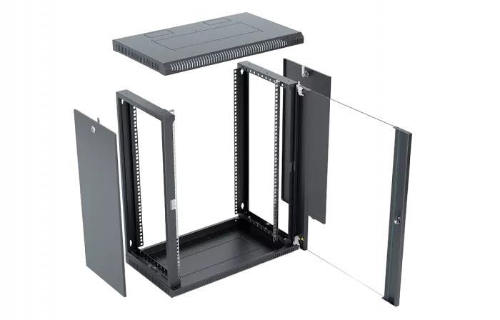 Шкаф телекоммуникационный настенный разборный со съемными боковыми стенками 19”,15U(600x350), ШТ-НСрМ-15U-600-350-С-Ч дверь стекло черный