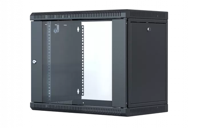 Шкаф телекоммуникационный настенный разборный со съемными боковыми стенками 19”,9U(600x650), ШТ-НСрМ-9U-600-650-С-Ч дверь стекло черный