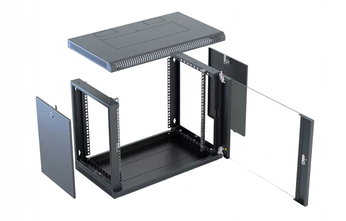 Шкаф телекоммуникационный настенный разборный со съемными боковыми стенками 19”,9U(600x650), ШТ-НСрМ-9U-600-650-С-Ч дверь стекло черный