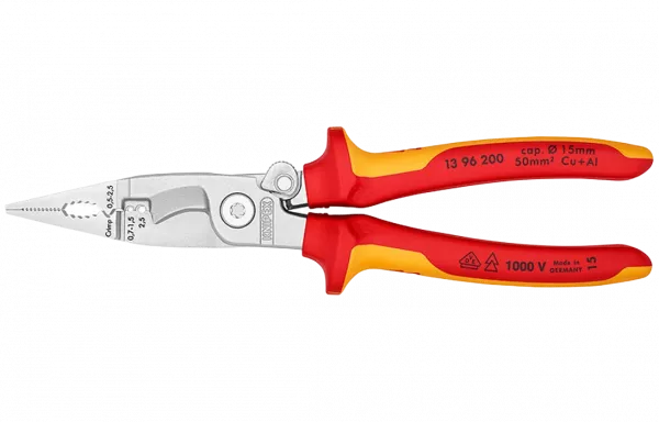 KN-1396200	Клещи электромонтажные VDE, 6-в-1, 200 мм, защёлка-"собачка", хром, 2-комп диэлектрические ручки