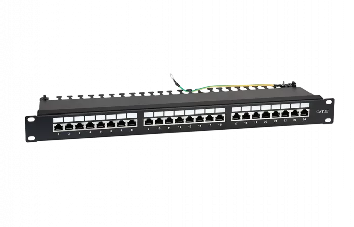 WRline WR-PL-24-C5E-SH-D Патч-панель 19"(1U), 24 порта RJ-45 полностью экранированная, категория 5e, Dual IDC, цвет черный
