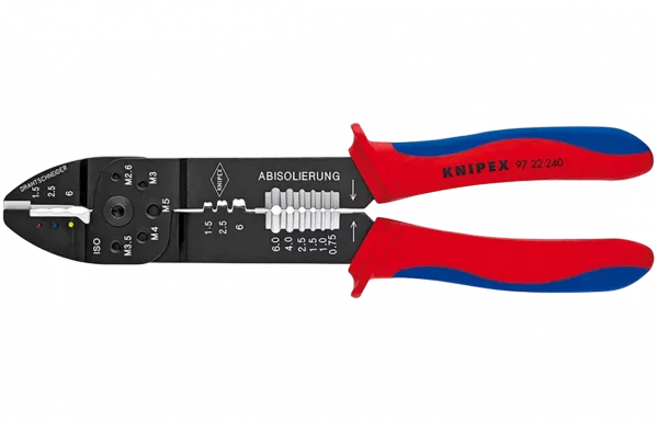 KN-9722240	Пресс-клещи, 3 гнезда, изол. кабельные наконечники и соединители 0.5-6.0 мм², неизол. открытые штекеры 6.3 мм: 0.5-2.5 мм², 240 мм