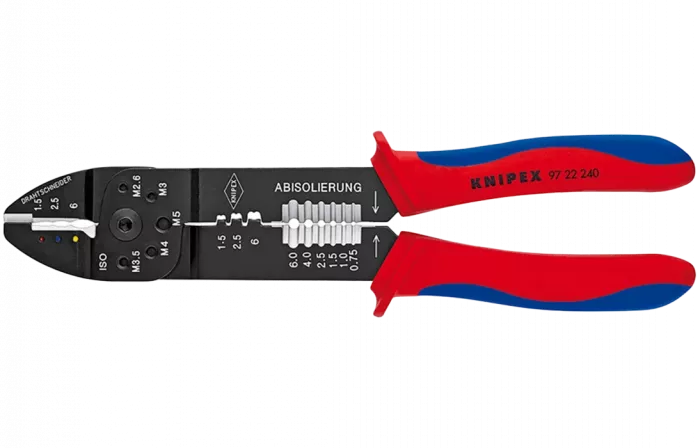 KN-9722240	Пресс-клещи, 3 гнезда, изол. кабельные наконечники и соединители 0.5-6.0 мм², неизол. открытые штекеры 6.3 мм: 0.5-2.5 мм², 240 мм