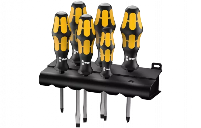 WE-018282	932/6 Набор отвёрток силовых с подставкой, 6 пр., PH 1x80/2x100, SL 0.6x3.5x80/0.8x4.5x90/1x5.5x100/1.2x7.0x125