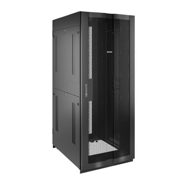 Шкаф напольный для ЦОД серверный NTSS ПРОЦОД PC-V2 45U 600х1200мм, 4 профиля 19, двойные боковые стенки, панель потолка с вводами, без панели пола, двери перфорированная и перфорированная двухстворчатая, регулируемые опоры, ролики, черный RAL 9005