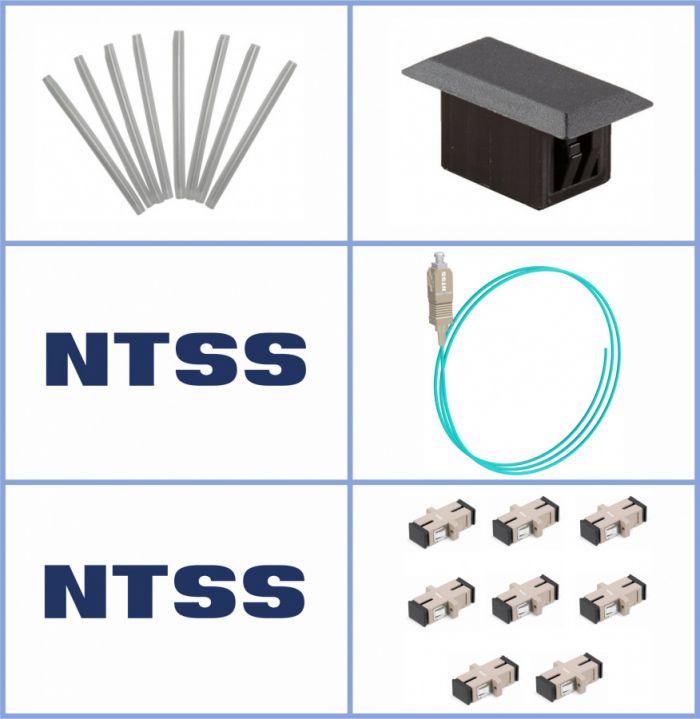 Кросс NTSS оптический настенный Микро 8, укомплектованный, 4 порта SC/UPC, 50/125 мкм ОМ3 (сплошная панель, ложемент, пигтейлы, КДЗС, адаптеры) серый RAL 7035