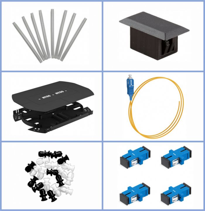 Кросс NTSS оптический 19'' укомплектованный 1U, 4 порта SC/UPC, 9/125 мкм (планки, сплайс-кассета, пигтейлы, КДЗС, адаптеры) черный RAL 9005
