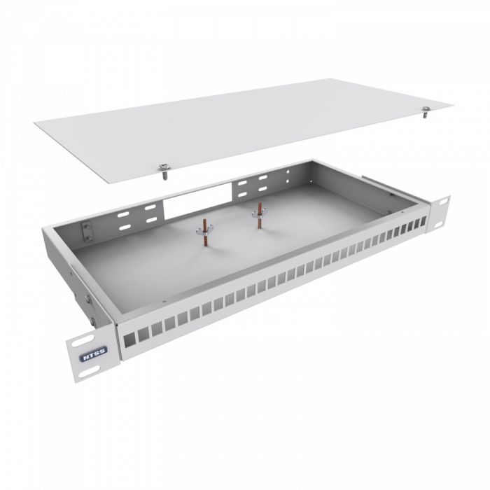Кросс NTSS оптический 19'' укомплектованный 1U, 32 порта LC/UPC duplex, 9/125 мкм (сплошная панель, сплайс-кассета 2шт, пигтейлы, КДЗС, адаптеры) серый RAL 7035