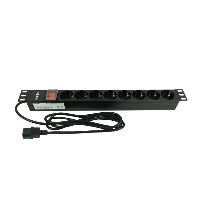 Блок розеток NTSS, 19", 1U, алюминий, 1ф10A, 2.3кВт, (8) Schuko, выкл. с подсв.и крыш., 2м каб., вх. С14