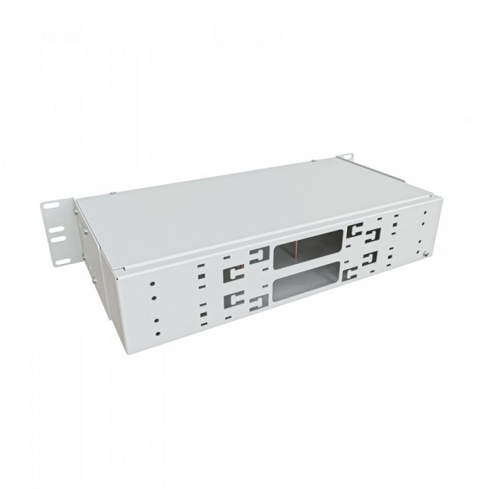 Кросс NTSS оптический 19'' укомплектованный 2U, 64 порта LC/UPC duplex, 50/125 мкм ОМ4 (сплошная панель, сплайс-кассета 4шт, пигтейлы, КДЗС, адаптеры) серый RAL 7035