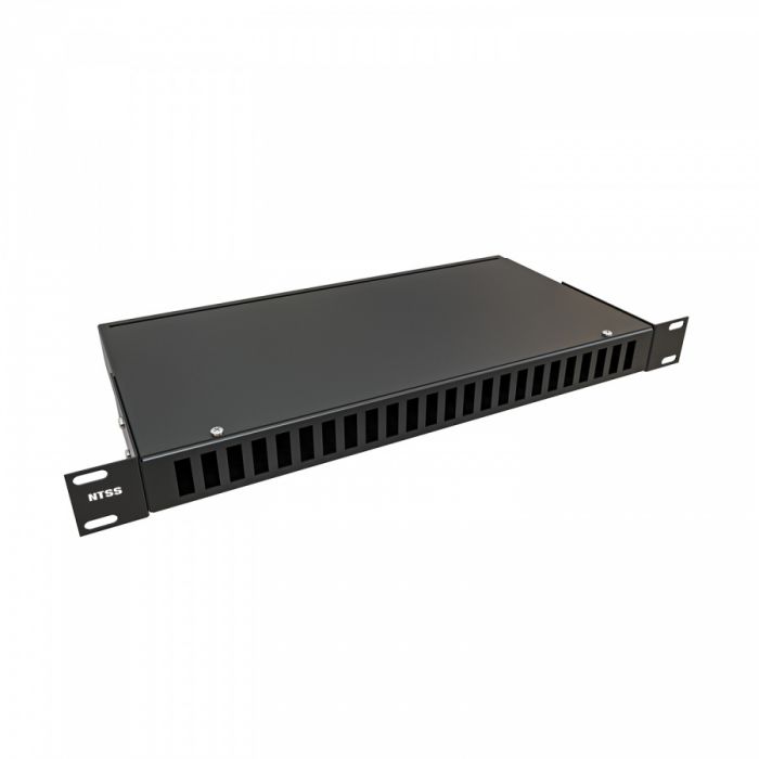 Кросс NTSS оптический 19'' укомплектованный 1U, 24 порта SC/UPC duplex, 50/125 мкм ОМ3 (сплошная панель, сплайс-кассета 2шт, пигтейлы, КДЗС, адаптеры) черный RAL 9005