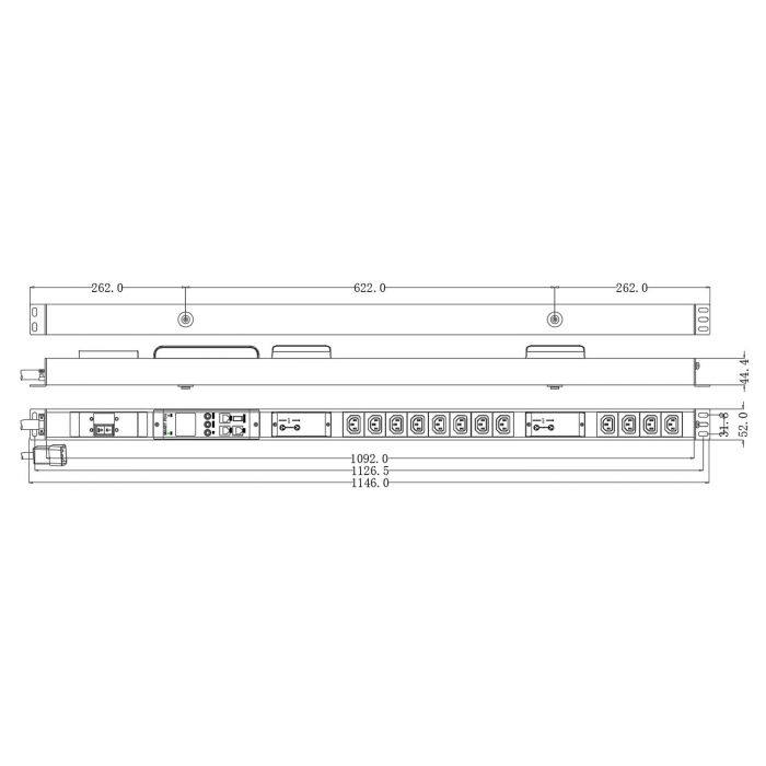 Блок распределения питания NTSS Metered Plus, 1ф16А, 3.7кВт, 1 автоматический выключатель, (12)С13, 3м кабель с вилкой IEC 60320 C20, 1126.5х52х44.4 мм
