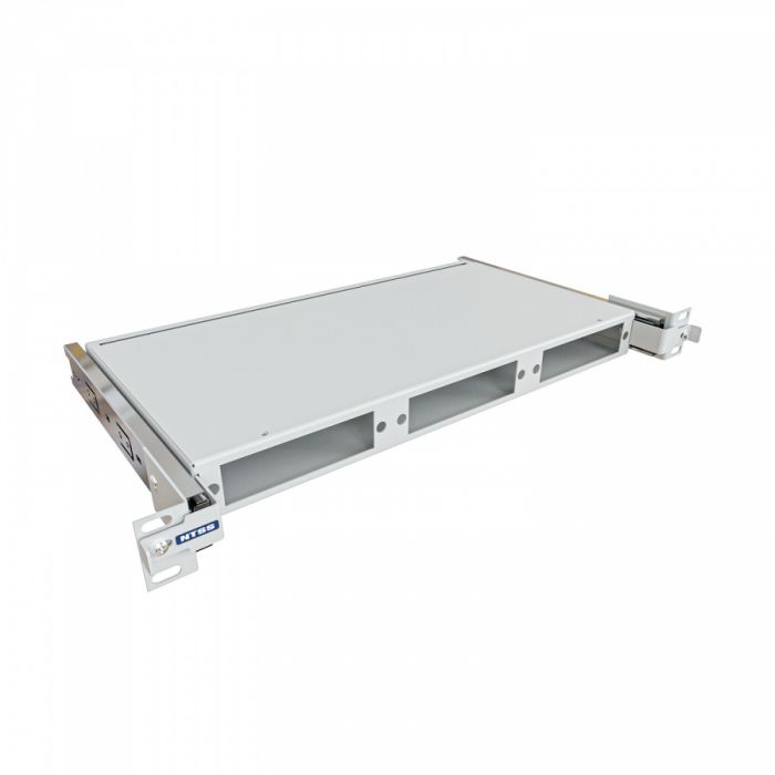 Кросс NTSS оптический выдвижной 19'' укомплектованный 1U, 24 порта LC/UPC duplex, 50/125 мкм (планки, сплайс-кассета 2шт, пигтейлы, КДЗС, адаптеры) серый RAL 7035