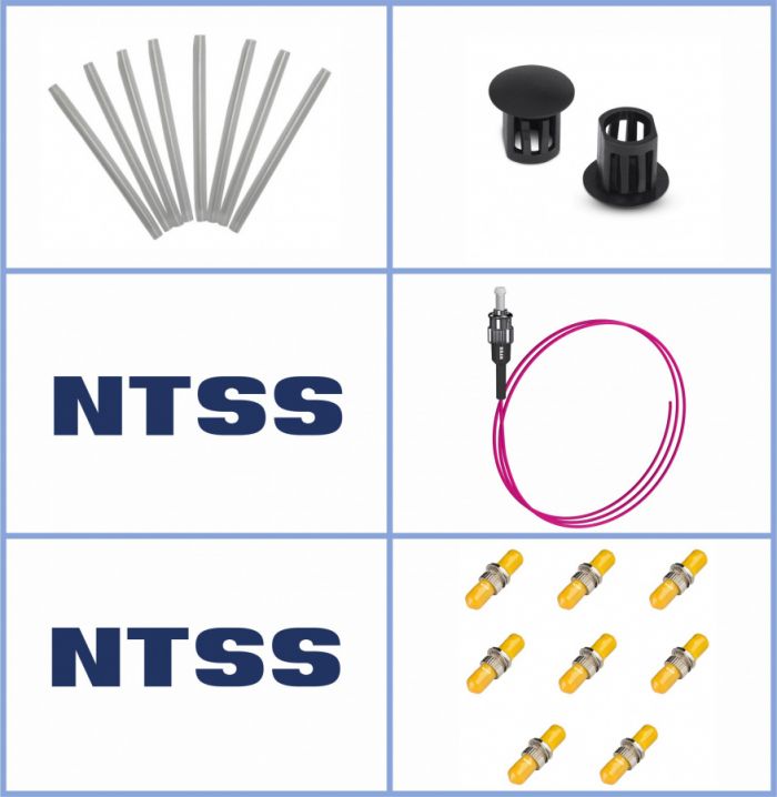 Кросс NTSS оптический настенный Микро 8, укомплектованный, 4 порта ST/UPC, 50/125 мкм ОМ4 (сплошная панель, ложемент, пигтейлы, КДЗС, адаптеры) серый RAL 7035