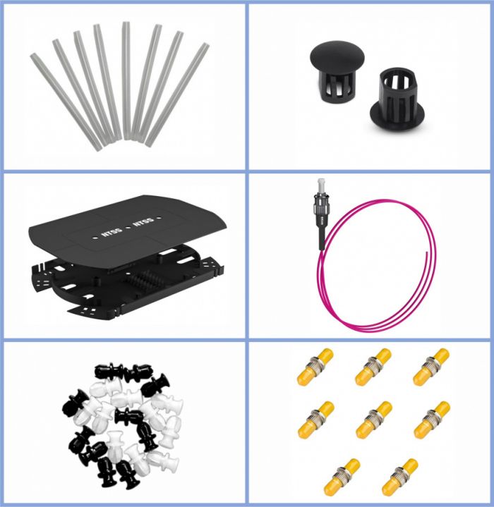 Кросс NTSS оптический 19'' укомплектованный 1U, 16 портов ST/UPC, 50/125 мкм ОМ4 (планки, сплайс-кассета, пигтейлы, КДЗС, адаптеры) черный RAL 9005