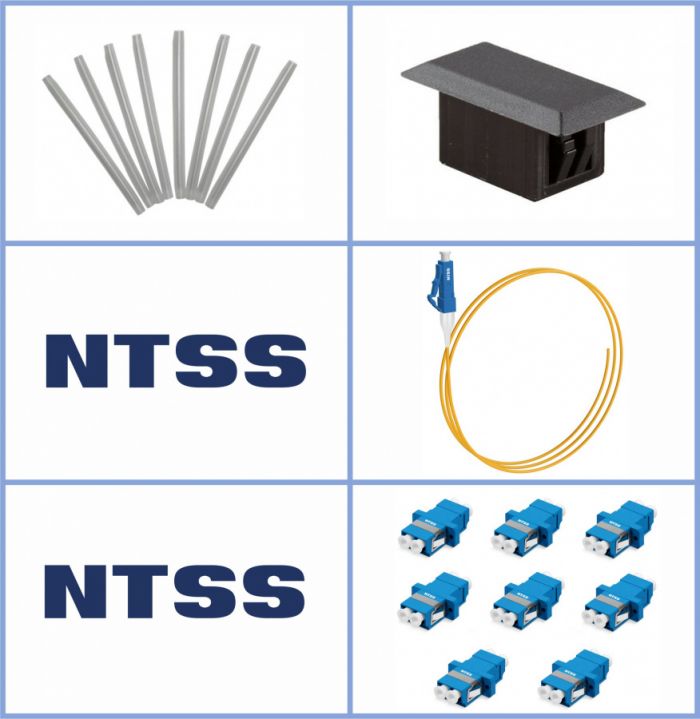 Кросс NTSS оптический настенный Микро 8, укомплектованный, 2 порта LC/UPC duplex, 9/125 мкм (сплошная панель, ложемент, пигтейлы, КДЗС, адаптеры) серый RAL 7035