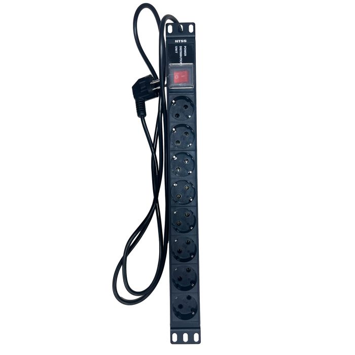 Блок розеток NTSS, 19", 1U, алюминий, 1ф16A, 3.7кВт, (8) Schuko CEE 7/7, выкл. с подсв.и крыш., 1.8м каб., вил. Schuko