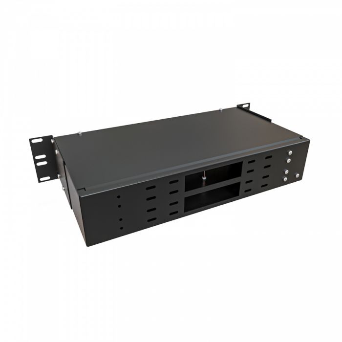 Кросс NTSS оптический 19'' укомплектованный 2U, 96 портов ST/UPC, 50/125 мкм ОМ3 (сплошная панель, сплайс-кассета 3шт, пигтейлы, КДЗС, адаптеры) черный RAL 9005