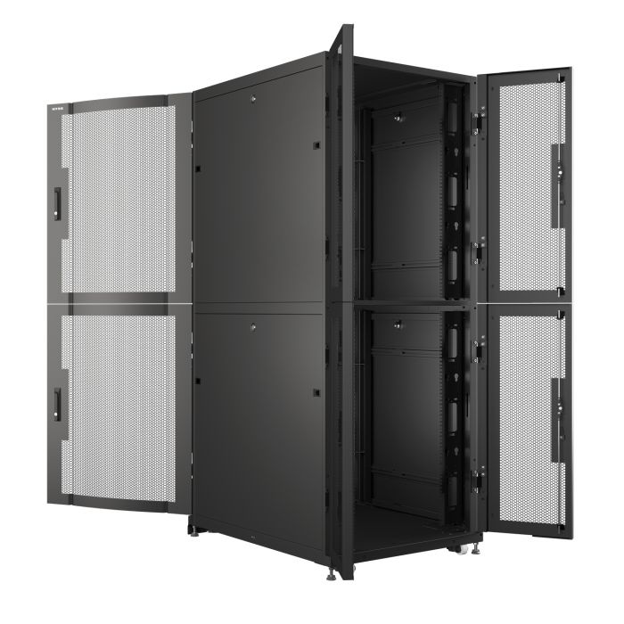 Шкаф напольный серверный NTSS CoDS 48U 600х1200мм, 2 секции по 23U, двойные боковые стенки, панель потолка и пола с щеточными вводами, двери перфорированная и перфорированная двухстворчатая, регулируемые опоры, ролики, черный RAL 9005