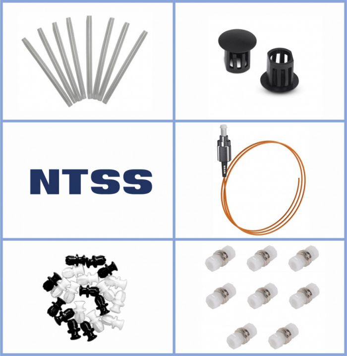 Кросс NTSS оптический настенный Мини, укомплектованный, 4 порта FC/UPC, 50/125 мкм (планка, ложемент, пигтейлы, КДЗС, адаптеры) серый RAL 7035