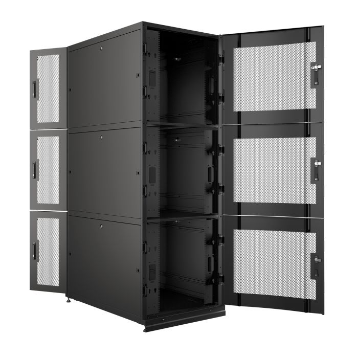 Шкаф напольный серверный NTSS CoDS 48U 600х1200мм, 3 секции по 15U, двойные боковые стенки, панель потолка и пола с щеточными вводами, двери перфорированная и перфорированная двухстворчатая, регулируемые опоры, ролики, черный RAL 9005
