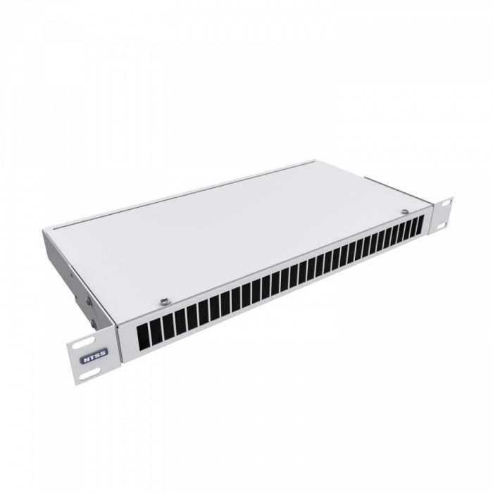 Кросс NTSS оптический 19'' укомплектованный 1U, 32 порта SC/UPC duplex, 50/125 мкм (сплошная панель, сплайс-кассета 2шт, пигтейлы, КДЗС, адаптеры) серый RAL 7035
