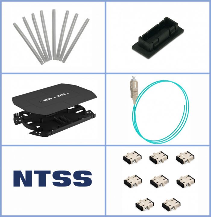 Кросс NTSS оптический 19'' укомплектованный 1U, 16 портов SC/UPC duplex, 50/125 мкм ОМ3 (сплошная панель, сплайс-кассета, пигтейлы, КДЗС, адаптеры) серый RAL 7035