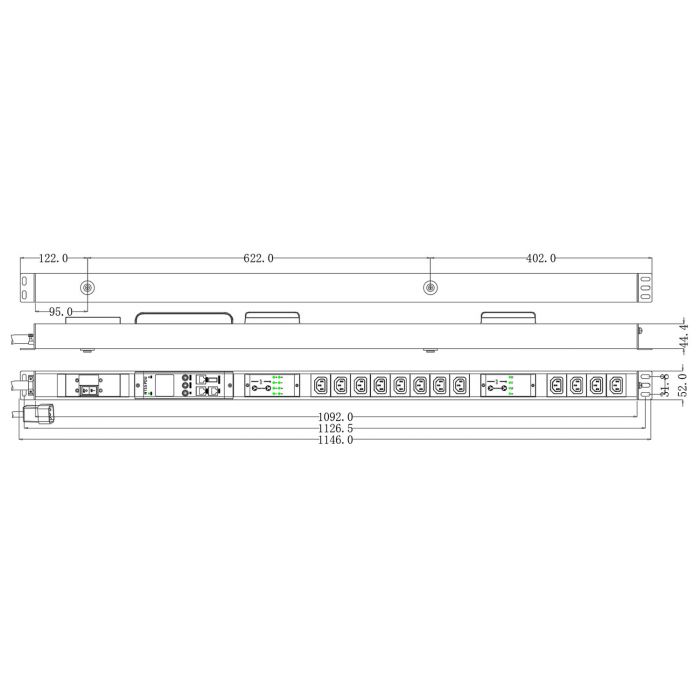 Блок распределения питания NTSS Switched, 1ф16А, 3,7 кВт, 1 автоматический выключатель, (12)С13, 3м кабель с вилкой IEC 60320 C20, 1126.5х52х44.4 мм