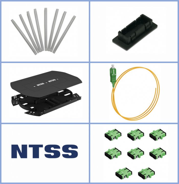 Кросс NTSS оптический 19'' укомплектованный 1U, 8 портов SC/APC duplex, 9/125 мкм (сплошная панель, сплайс-кассета, пигтейлы, КДЗС, адаптеры) черный RAL 9005