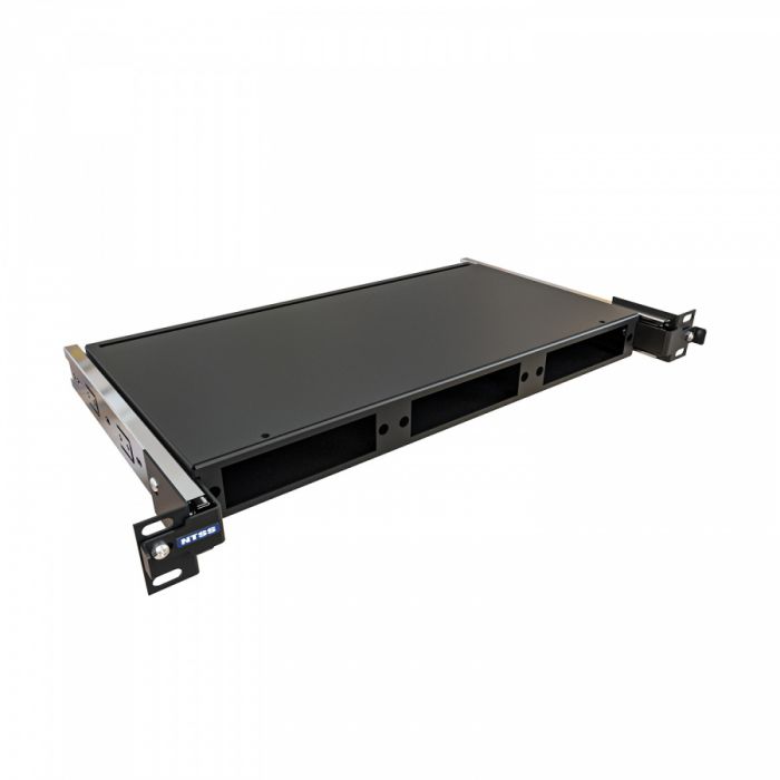 Кросс NTSS оптический выдвижной 19'' укомплектованный 1U, 24 порта LC/UPC duplex, 50/125 мкм ОМ4 (планки, сплайс-кассета 2шт, пигтейлы, КДЗС, адаптеры) черный RAL 9005