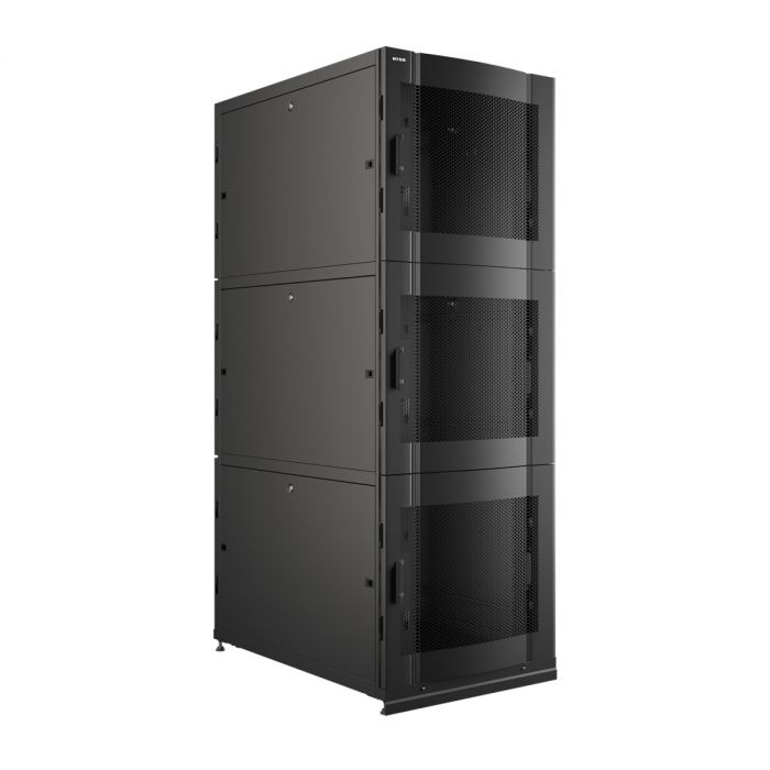 Шкаф напольный серверный NTSS CoDS 42U 800х1200мм, 3 секции по 13U, двойные боковые стенки, панель потолка и пола с щеточными вводами, двери перфорированная и перфорированная двухстворчатая, регулируемые опоры, ролики, черный RAL 9005