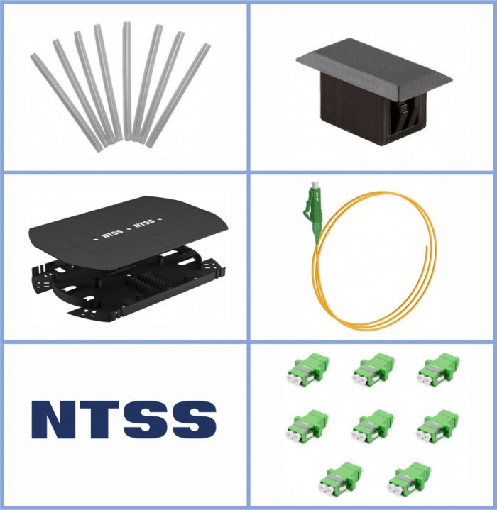 Кросс NTSS оптический 19'' укомплектованный 1U, 32 порта LC/APC duplex, 9/125 мкм (сплошная панель, сплайс-кассета 2шт, пигтейлы, КДЗС, адаптеры) серый RAL 7035