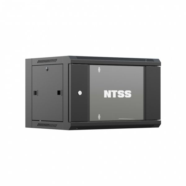 Шкаф настенный телекоммуникационный NTSS W 6U 600х450х370мм, 2 профиля 19, дверь стеклянная, боковые стенки съемные, задняя стенка, разобранный, черный RAL 9005