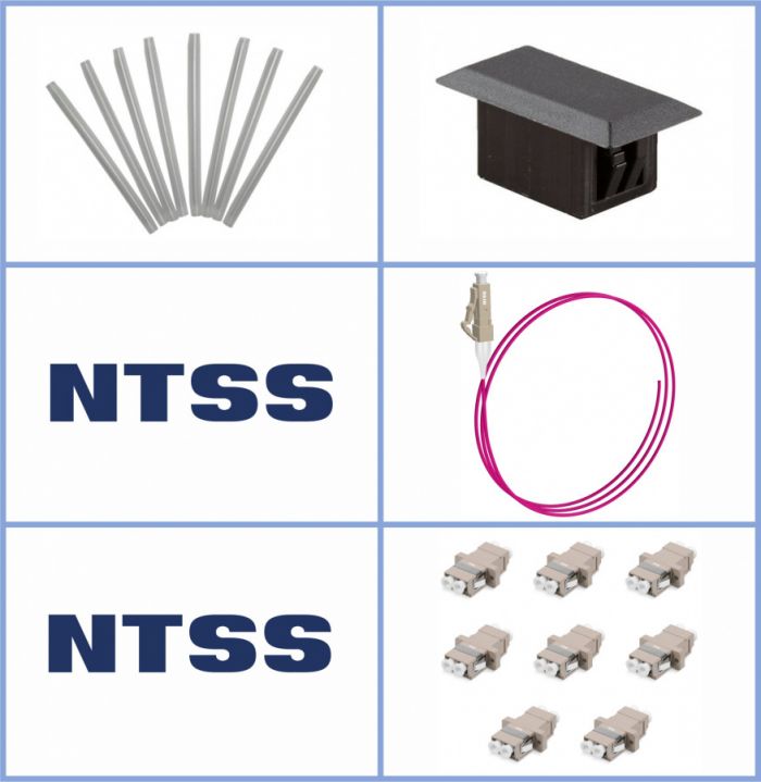 Кросс NTSS оптический настенный Микро, укомплектованный, 6 портов LC/UPC duplex, 50/125 мкм ОМ4 (сплошная панель, ложемент, пигтейлы, КДЗС, адаптеры) серый RAL 7035